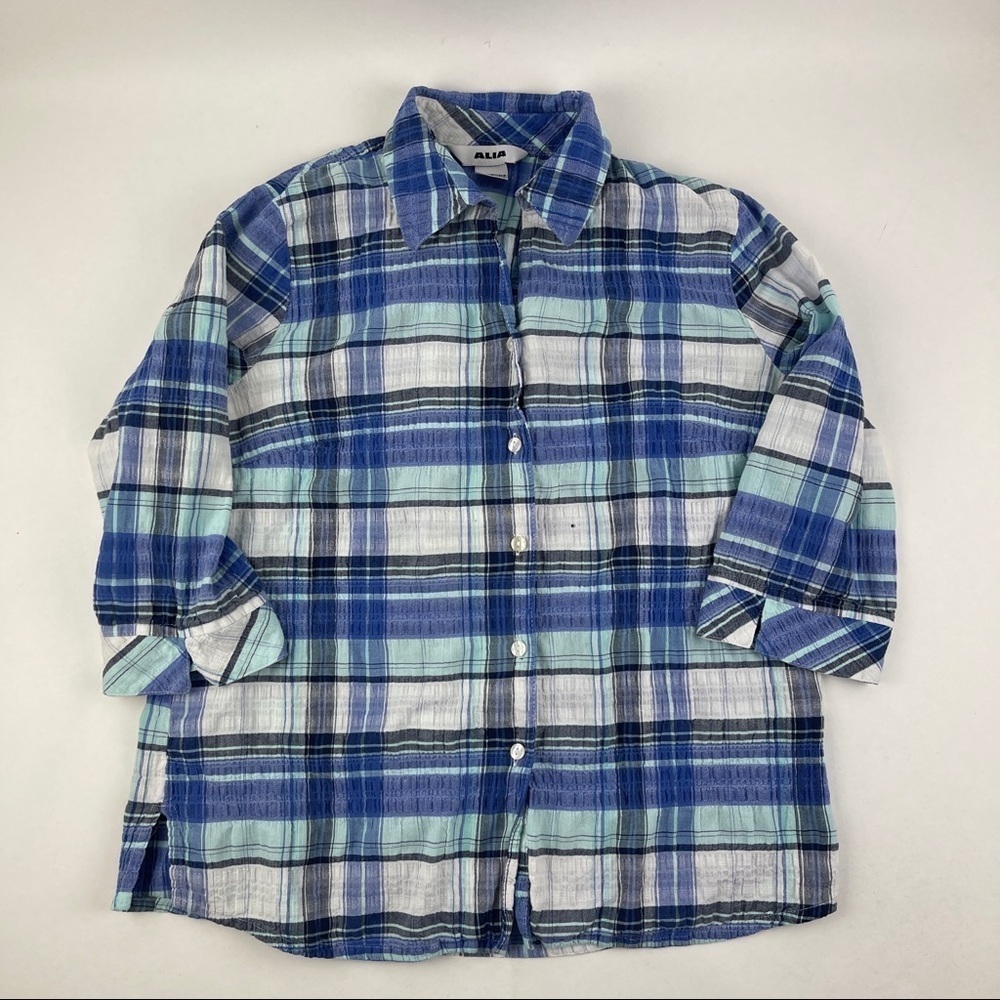 Alia Button Up Shirt Womens Size 8 Blue Plaid
